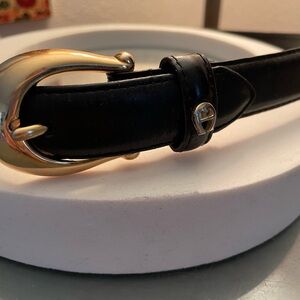 Black Etienne Aigner Logo Leather Belt with Gold Buckle Size 26-28